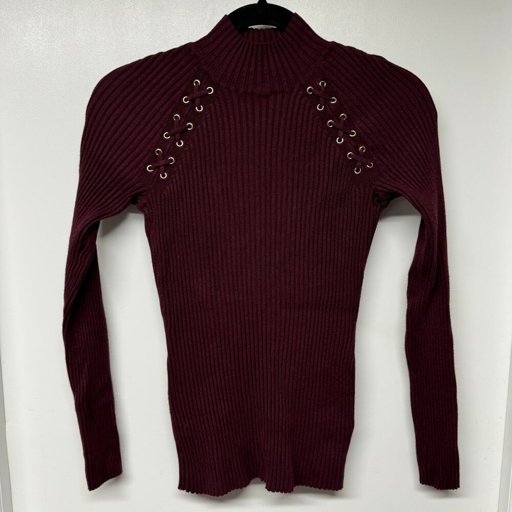 INC International Concepts Dark Cherry Red Ribbed Pullover Sweater Womens XS